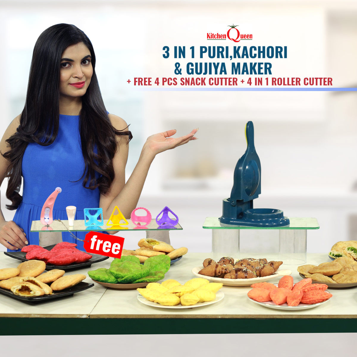 3 in 1 Puri Kachori Gujiya + Free 4 in 1 Roller + 4 Pcs Snack Cutter (PKG5)