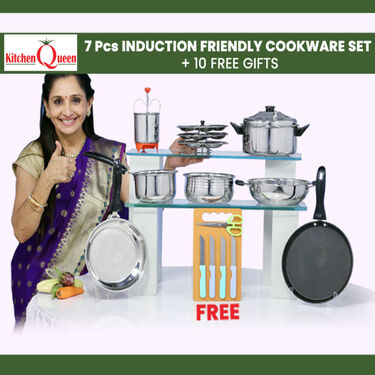 7 Pcs Induction Friendly Cookware Set + Free Knife Set + Free Double Bedsheet with Pillow Cover + Free Steel Medu Vada Maker