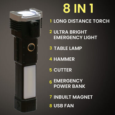 8 in 1 Magnetic Emergency Light with Torch + Powerbank And Fan (LTP)